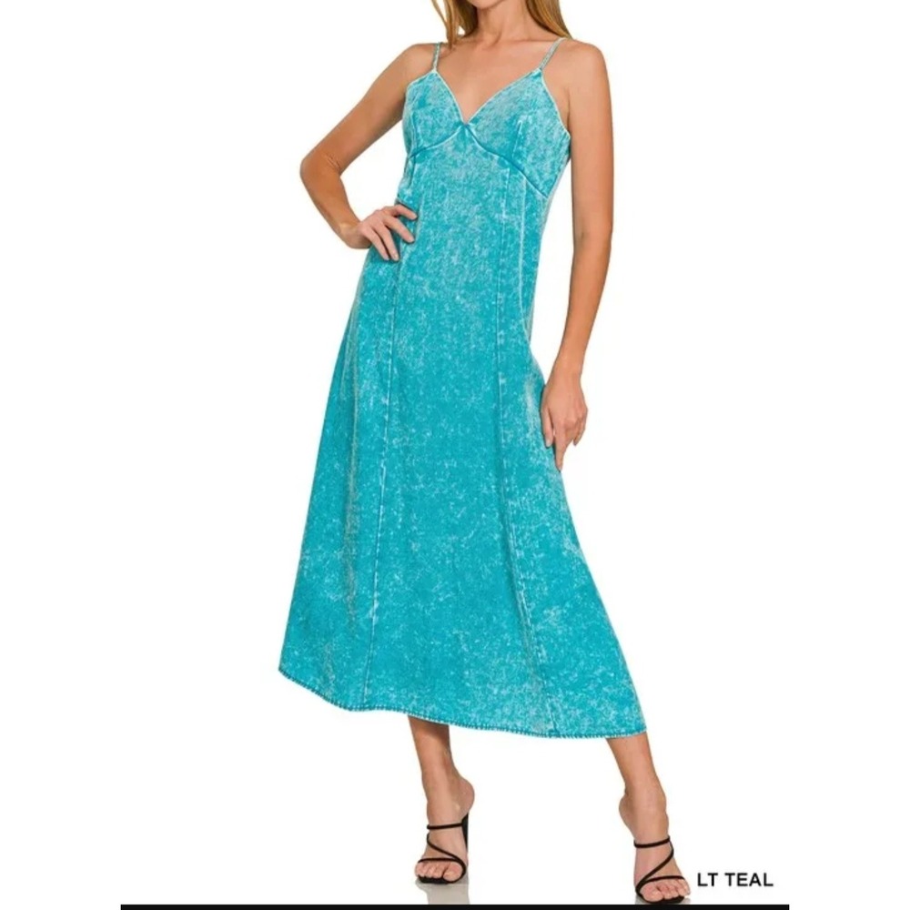 Zenana Tencel Mineral Washed Maxi Dress Lt Teal Blue V-Neck spaghetti strap SM
